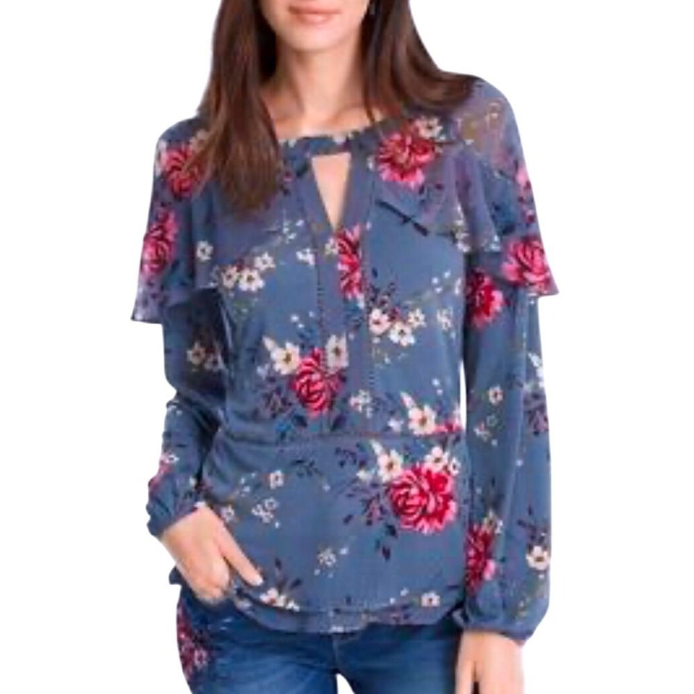 White House Black Market Romantic Boho Floral‎ Ruffle Top Keyhole Long Sleeve L